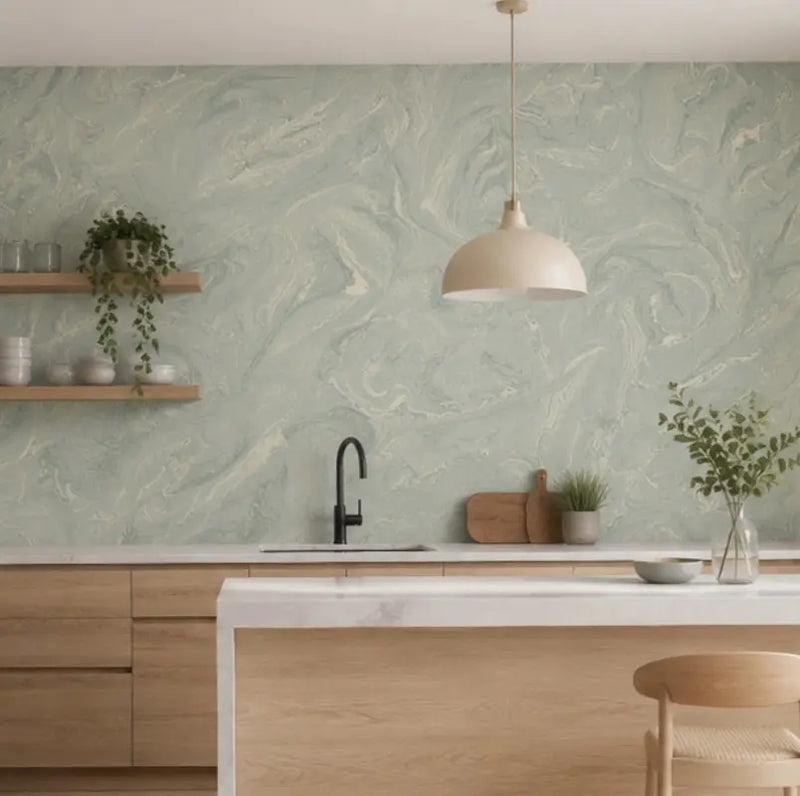 Papier Peint Marbre Brume de Sauge dans une cuisine 