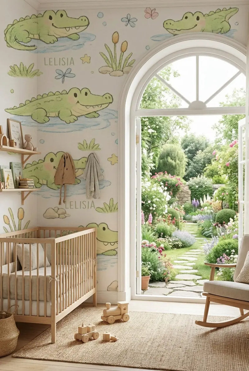 Pavier peint un croco pour enfant dans une chambre d'enfants avec vue sur le jardin.