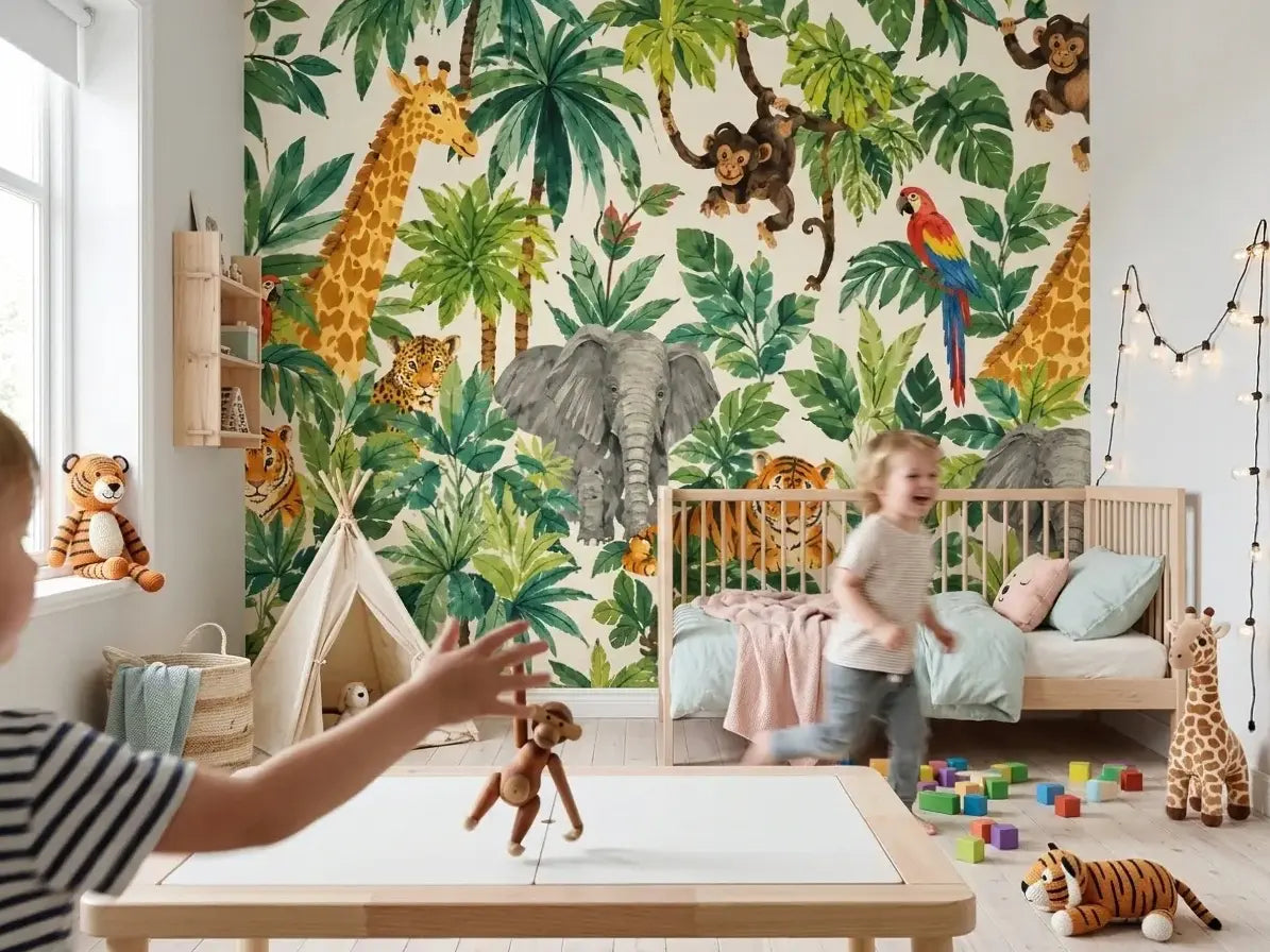 Dans une chambre d'enfant Papier Peint Jungle Enfant Aquarelle Animaux de la Savane