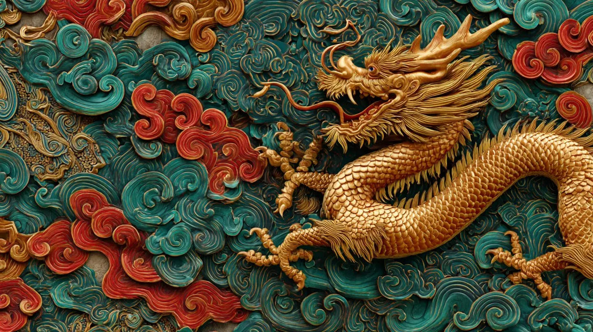 Papier Peint Dragon Chinois Doré en Relief