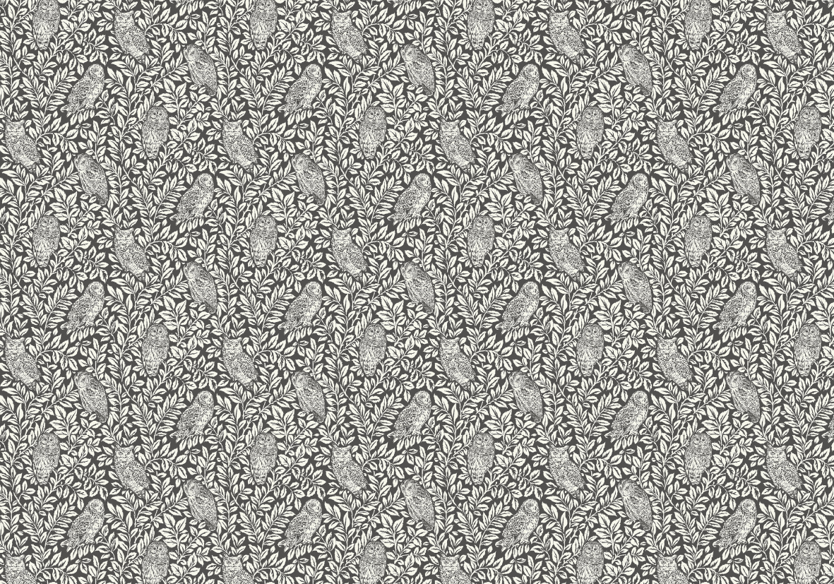 Papier peint feuillage et chouettes noir et blanc