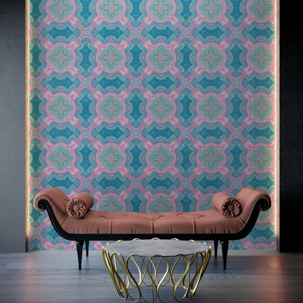 Papier peint Papier peint baroque bleu et rose géométrique kaléidoscopique apporte