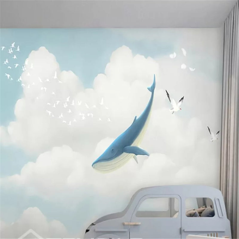 Papier peint Papier peint enfant baleine dans les nuages aux tons onirique