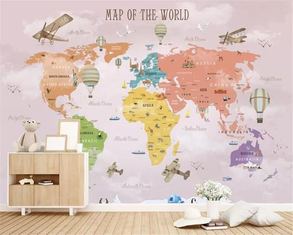 Papier peint Papier peint enfant carte du monde fond rose aux couleurs douces