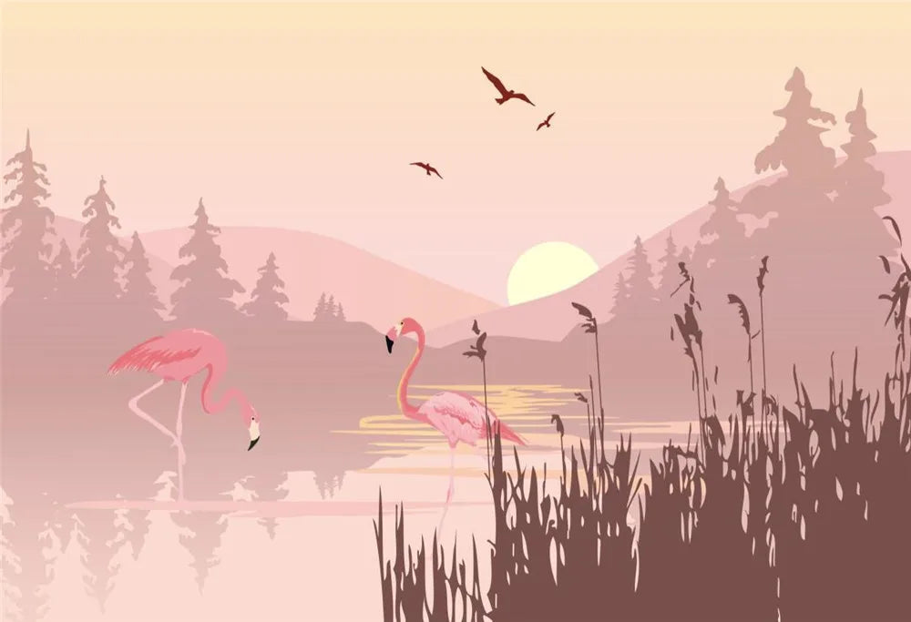 Papier peint flamants roses coucher de soleil