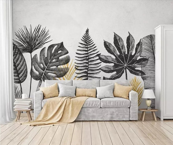 Papier peint Papier peint plantes noir et blanc botanique en épuré