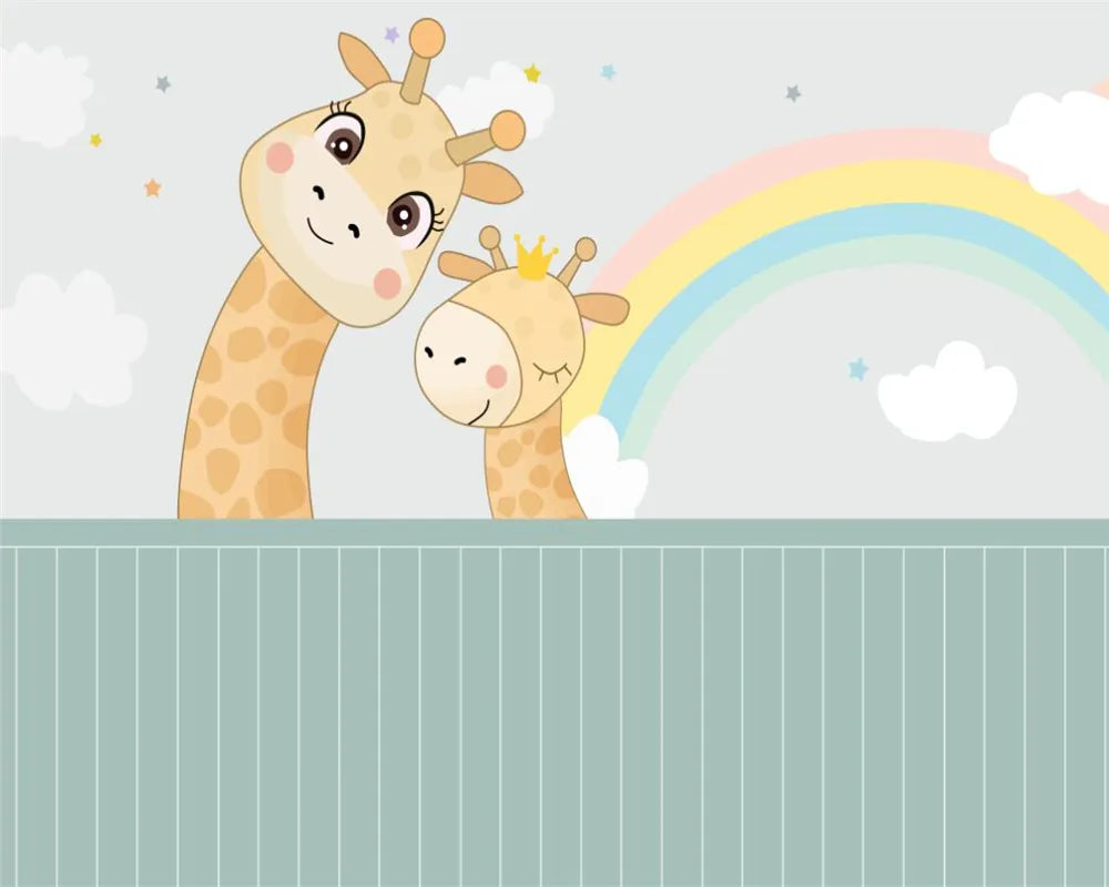 Papier peint enfant girafes et arc en ciel