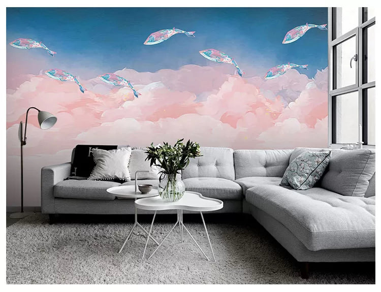 Papier peint Papier peint poissons volants et nuages roses apporte une douce
