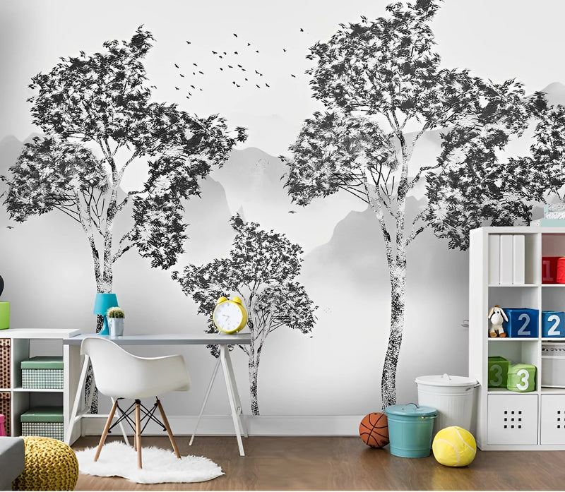 Papier peint Papier peint arbres noir et blanc paisible et