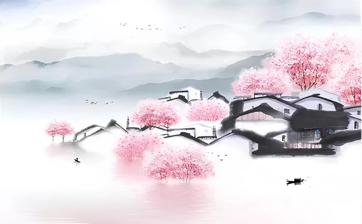 Papier peint japonais cabanes de pêcheurs et cerisiers en fleurs