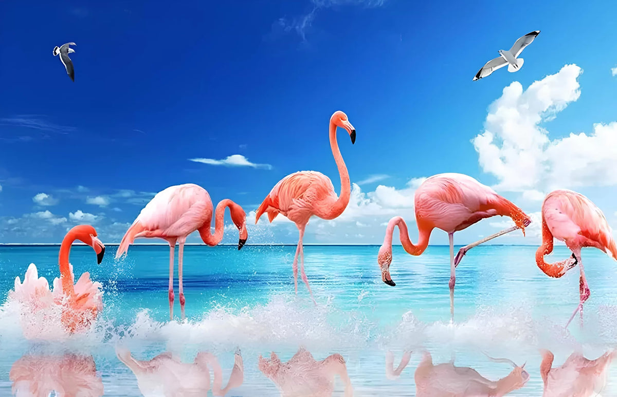 Papier peint panoramique flamants roses dans l'eau