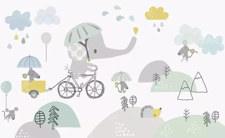 Papier peint enfant petit éléphant en vélo
