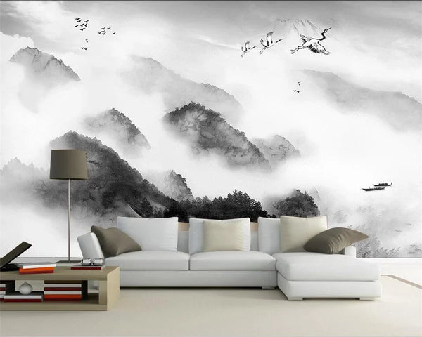 Papier peint Papier peint panoramique noir et blanc montagnes et brume zen et