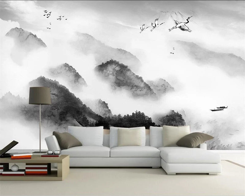 Papier peint Papier peint panoramique noir et blanc montagnes et brume zen et