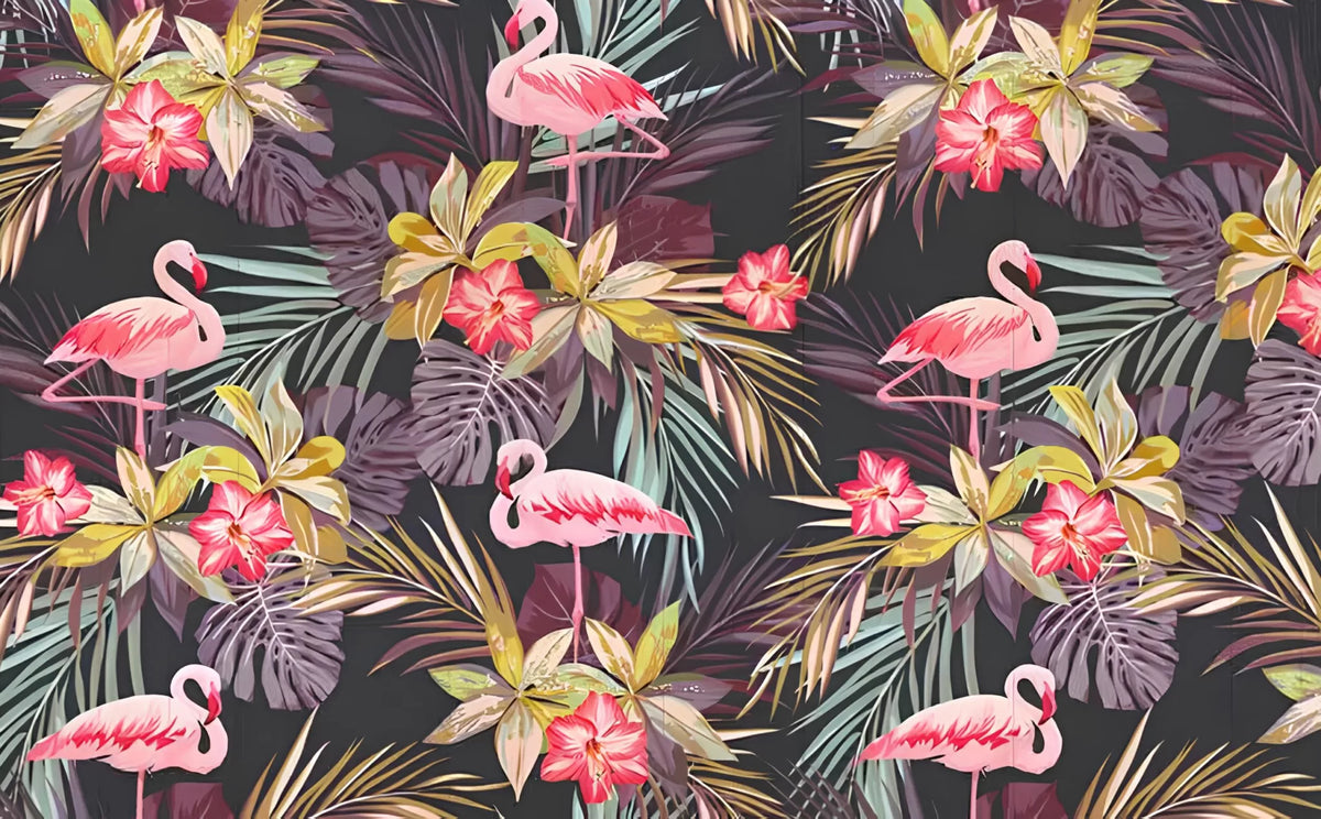 Papier peint fleurs tropicales et flamants roses