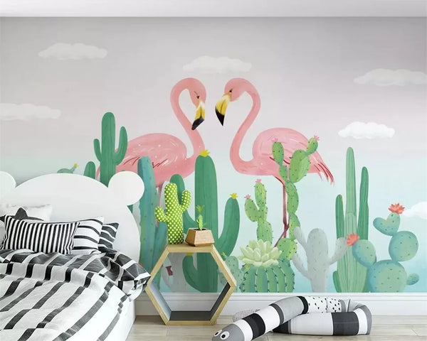 Papier peint Papier peint enfant cactus et flamants roses de flamants bohème,