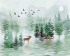 Papier peint enfant paysage forêt de sapin et cerfs
