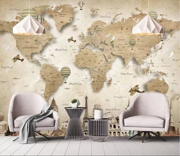 Papier peint Papier peint carte du monde et monuments vintage et