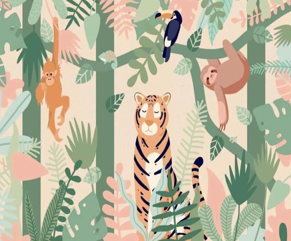 Papier peint enfant animaux singe, paresseux, toucan et tigre