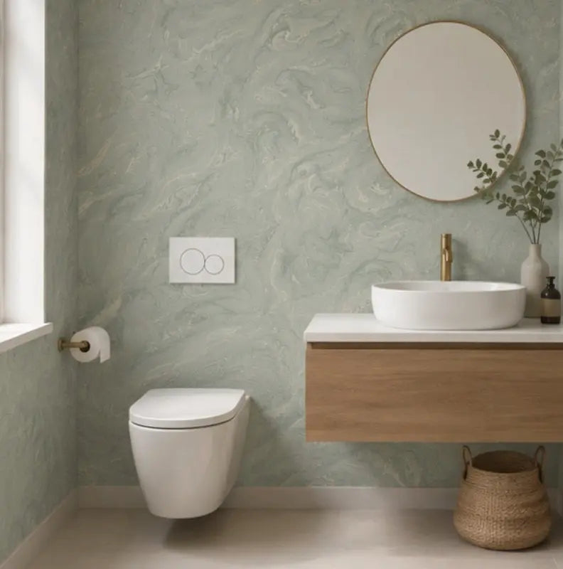 Papier Peint Marbre Brume de Sauge dans une salle de bain