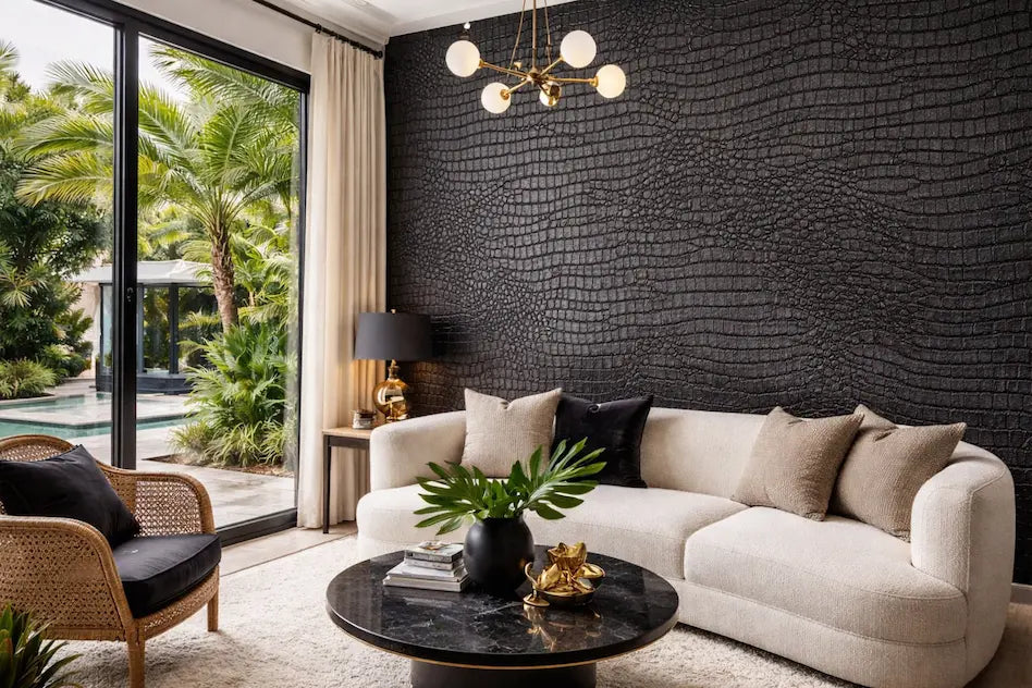 Un papé pain pot de crocodile noir dans un salon exotique