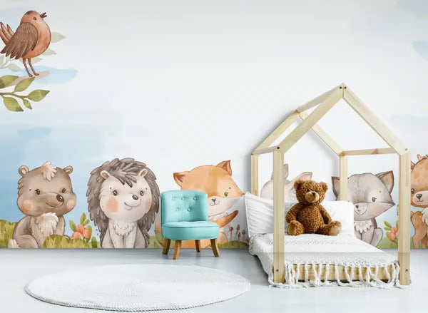 Papier peint Papier peint enfant biches, renards, hérisson et lapins pastel, tels aquarelle.