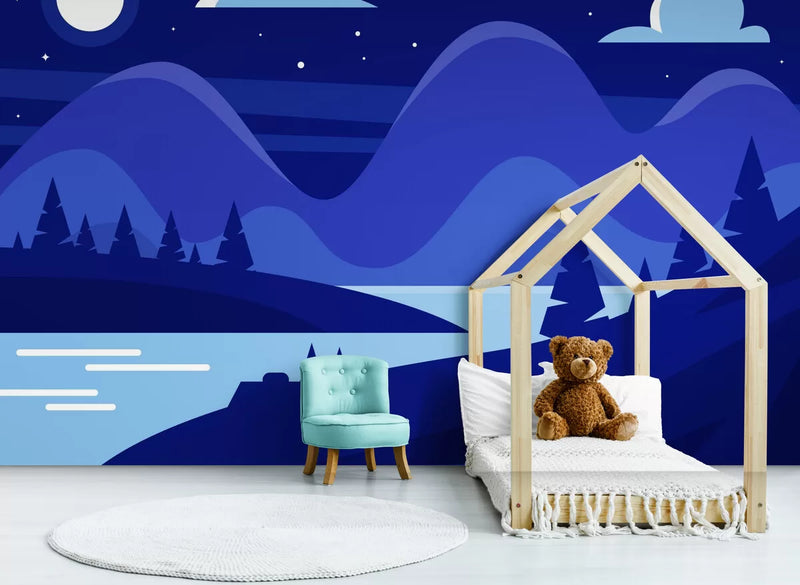 Papier peint Papier peint enfant montagnes géométriques bleues scandinave épuré, paisible.