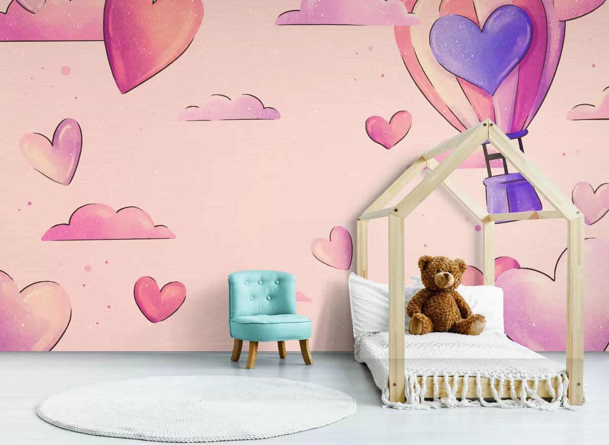 Papier peint papier peint enfant montgolfières et ciel rose étoilé romantique de douces,
