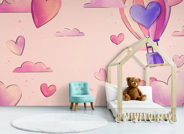 Papier peint papier peint enfant montgolfières et ciel rose étoilé romantique de douces,