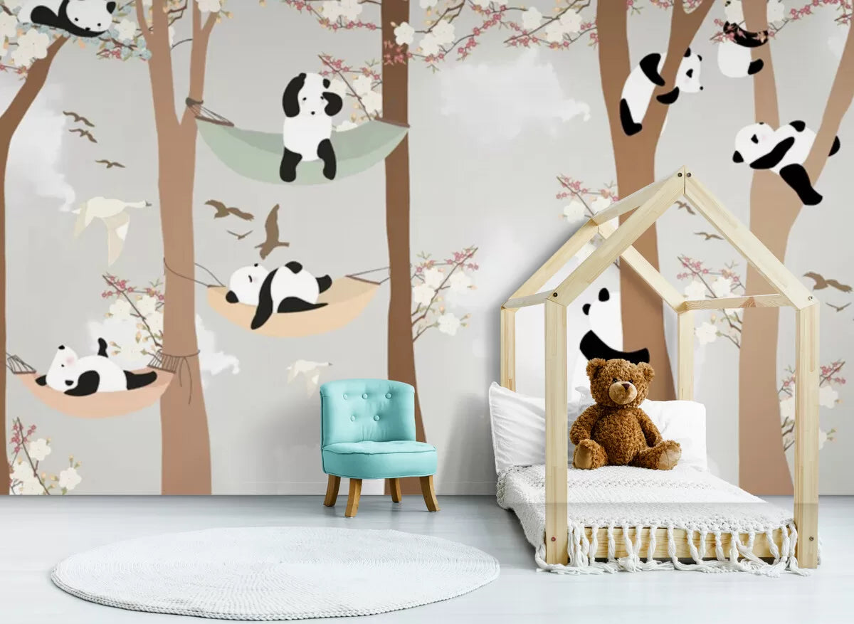 Papier peint Papier peint enfant pandas dans les arbres de pandas de