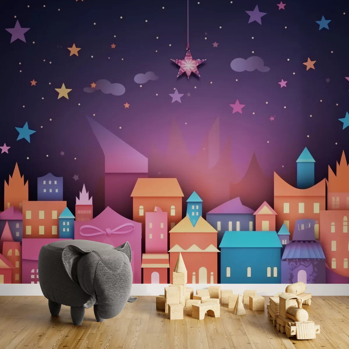 Papier peint Papier peint enfant maisons colorées et ciel étoilé apportera une vives,