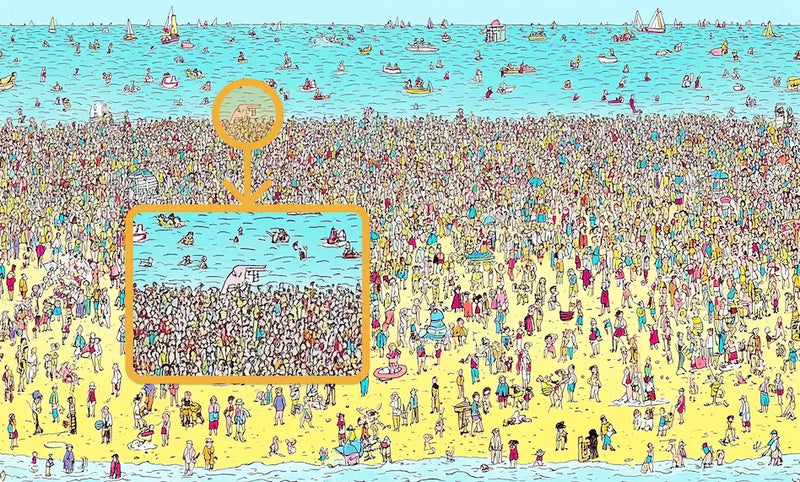 Papier peint où est-il ? : zoom à la loupe sur un détail de la plage pleine de personnages