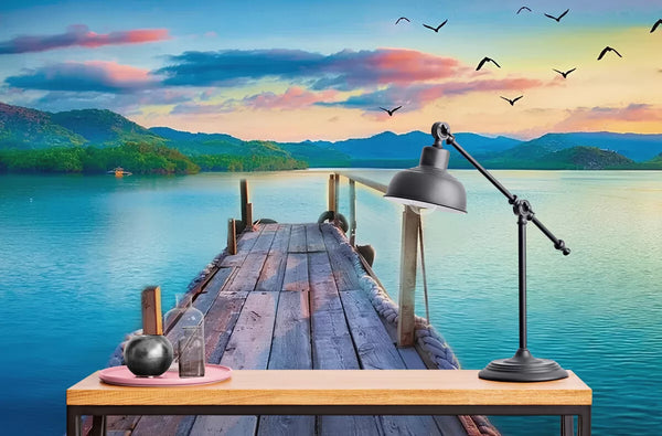 Papier peint Papier peint panoramique ponton au coucher de soleil pastel. Les scandinave