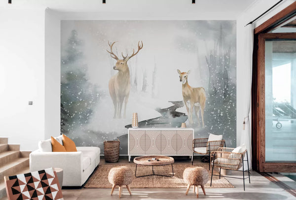 Papier peint Papier peint paysage forêt enneigée et cerfs aquarelle d'inspiration évoquant