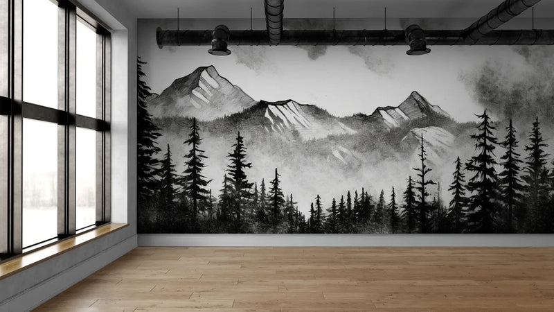 Papier peint Papier peint forêt de pins et montagne dessiné au japonais,