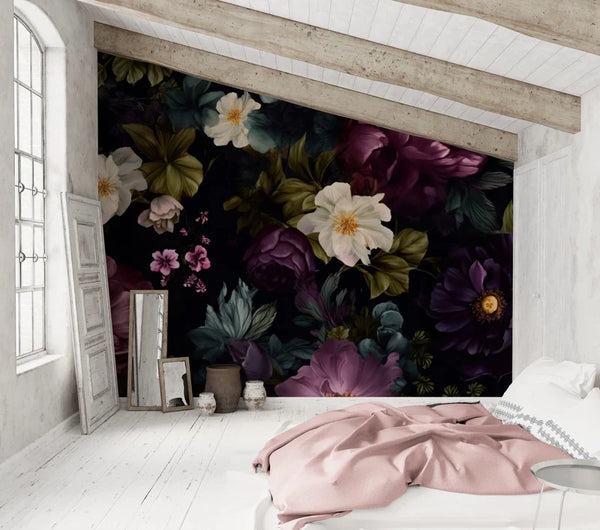Papier peint Papier peint fleuri sur fond noir floral luxuriant romantique