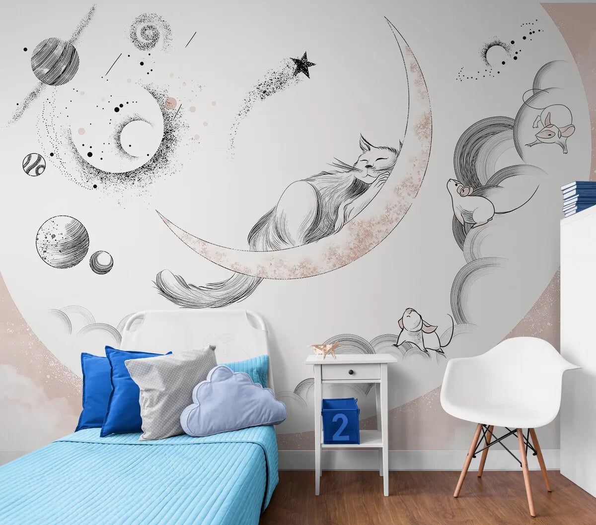 Papier peint Papier peint enfant lune et animaux dessiné à scandinave.