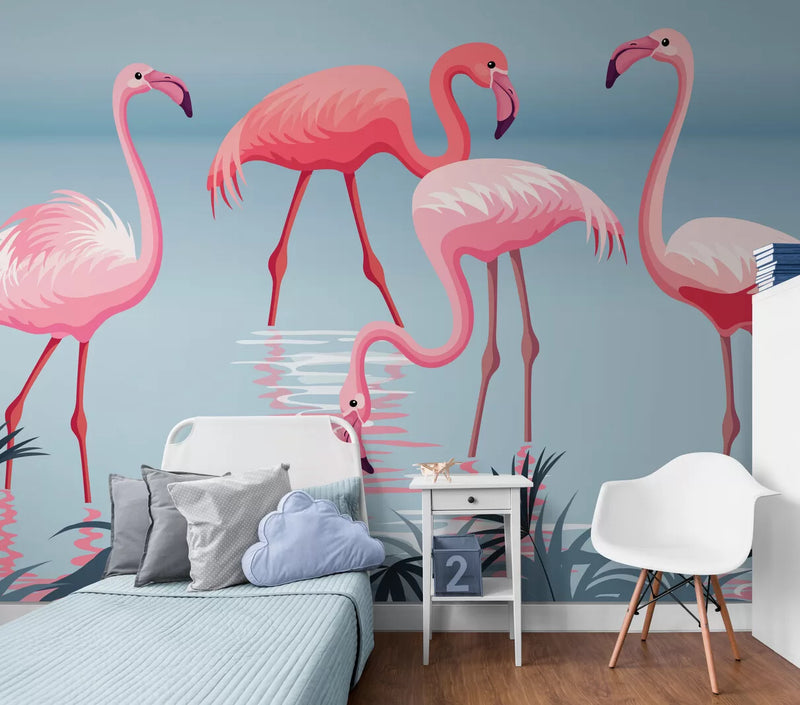 Papier peint Papier peint enfant flamants roses dans l'eau enchanteur de apportera