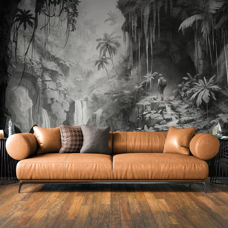 Papier peint Papier peint montagne et jungle noir et blanc exotique et de