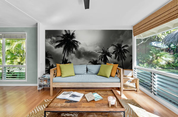 Papier peint Papier peint noir et blanc palmiers et nuages en noir tropicale