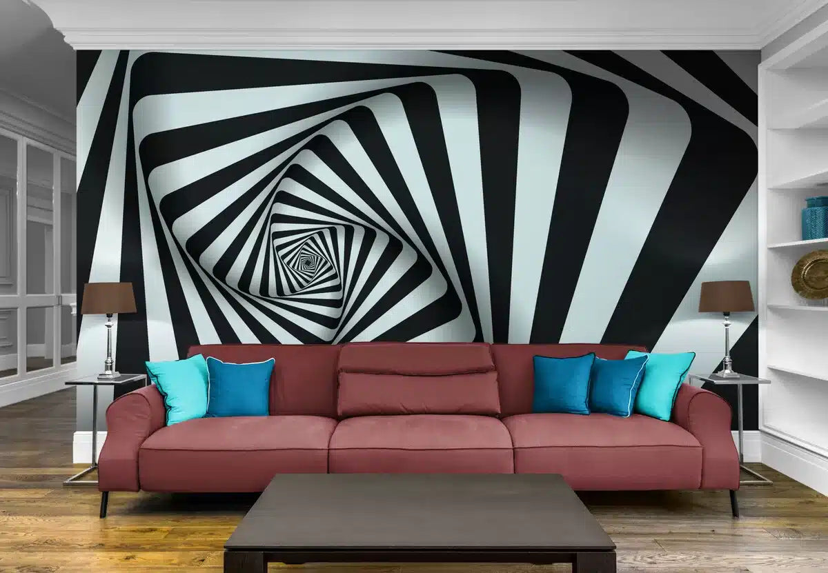 Papier peint Papier peint noir et blanc 3D spirale géométrique hypnotique abstrait