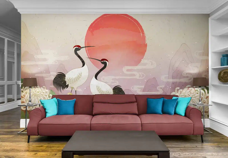 Papier peint Papier peint montagnes et grues japonaises poétique d'inspiration douces