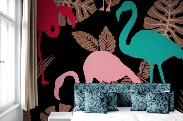 Papier peint Papier peint feuillage et flamants colorées tropical stylisé vives