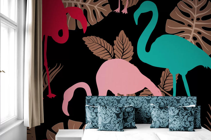 Papier peint Papier peint feuillage et flamants colorées tropical stylisé vives