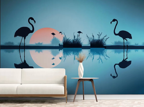 Papier peint Papier peint paysage flamants bleus minimaliste et sereine,