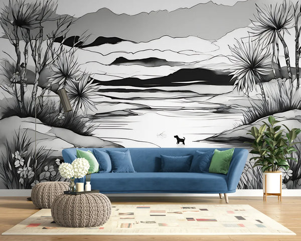 Papier peint Papier peint noir et blanc chien dans l'eau japonais, avec zen