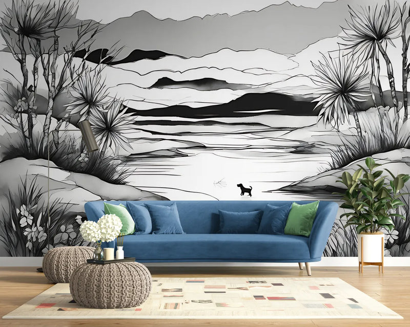 Papier peint Papier peint noir et blanc chien dans l'eau japonais, avec zen