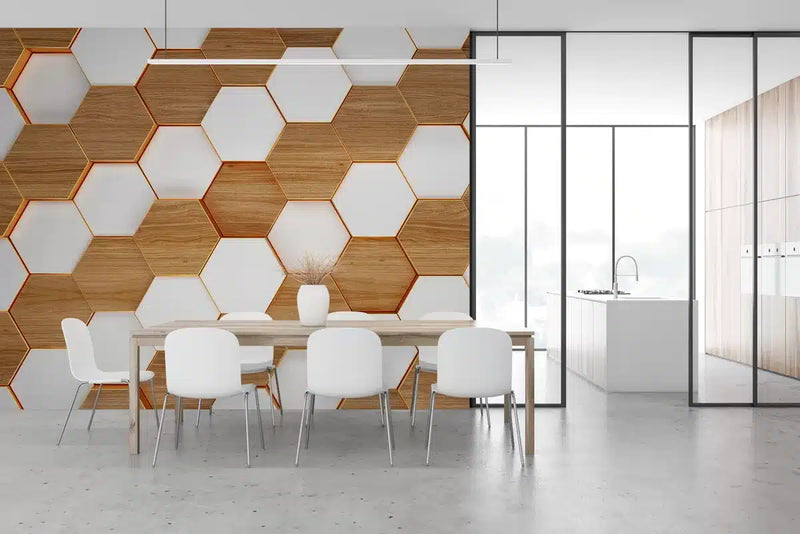 Papier peint Papier peint hexagone en bois et blanc géométrique contemporain scandinave,