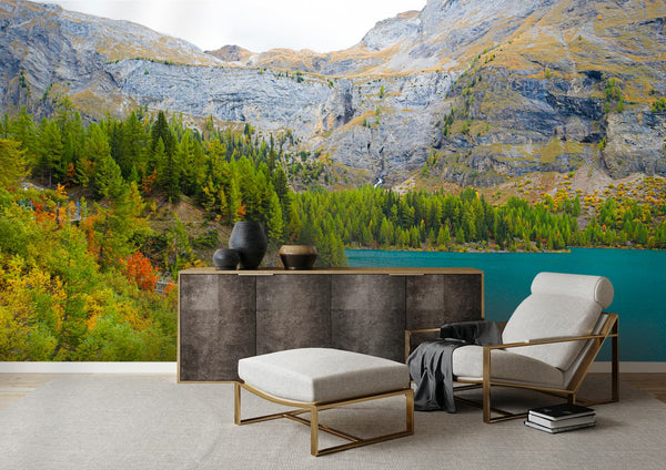 Papier peint Papier peint panoramique montagne et lac aux couleurs vives