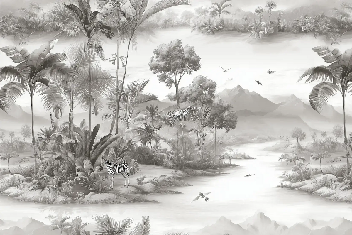 Motif papier panoramique jungle noir et blanc